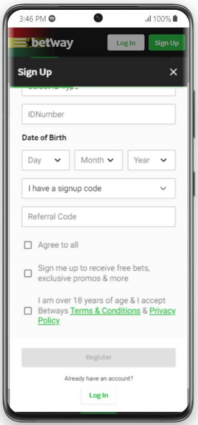 betway sign up code on mobile