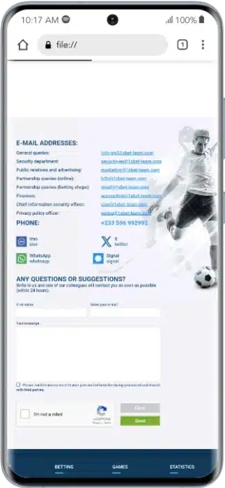 1xBet Contact Page
