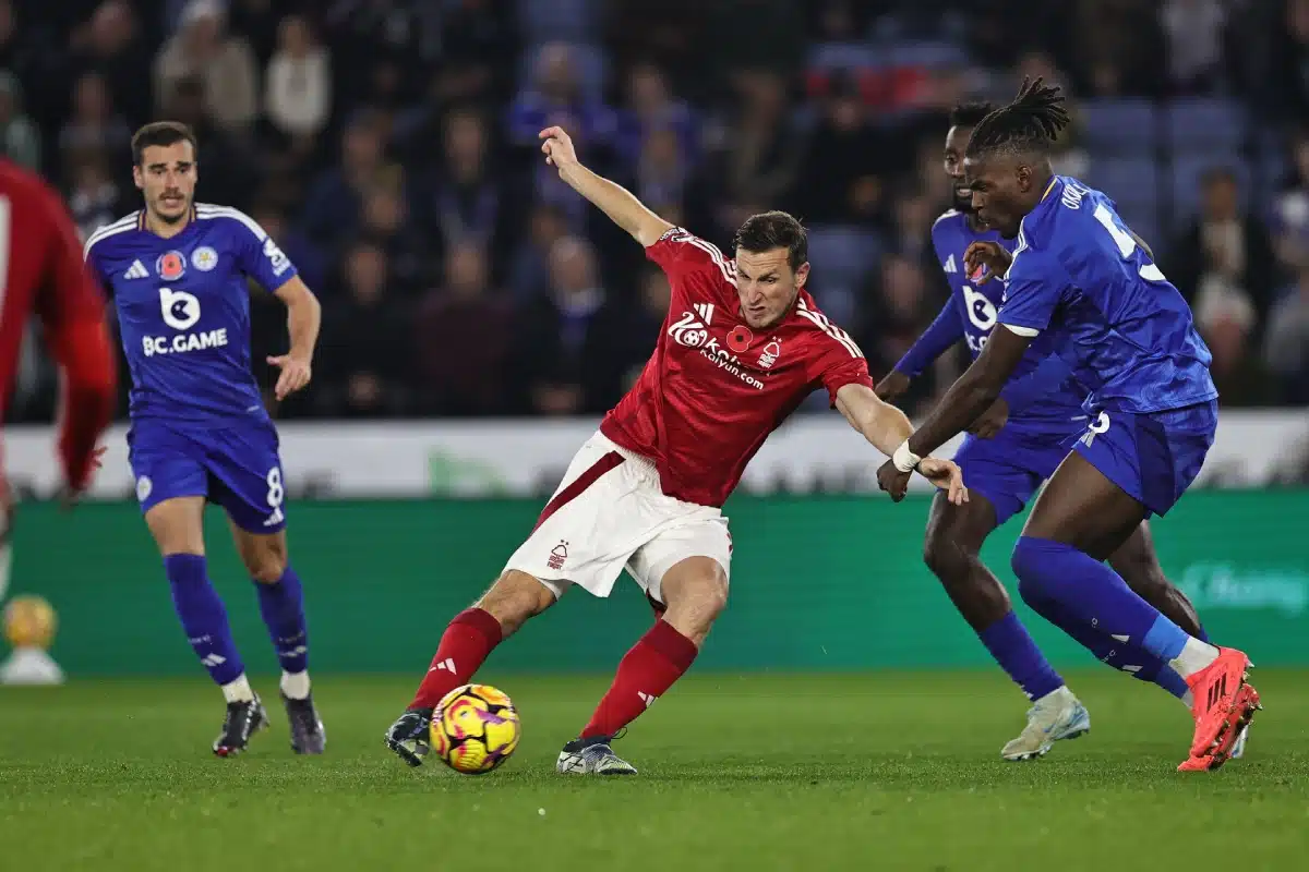 Chris Wood of Nottingham Forest scores the team's second goal during a Premier League football match