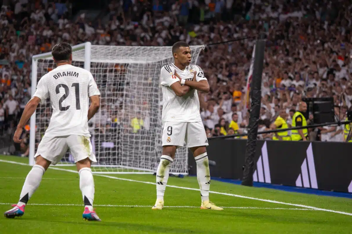 Kylian Mbappé celebrates one of his goals at the Santiago Bernabeu Stadium