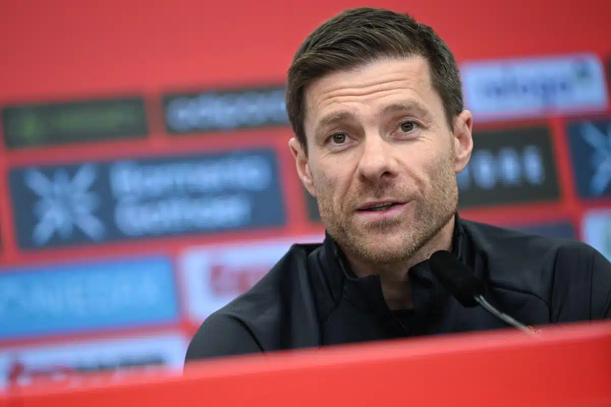 Leverkusen coach Xabi Alonso answers questions from journalists.
