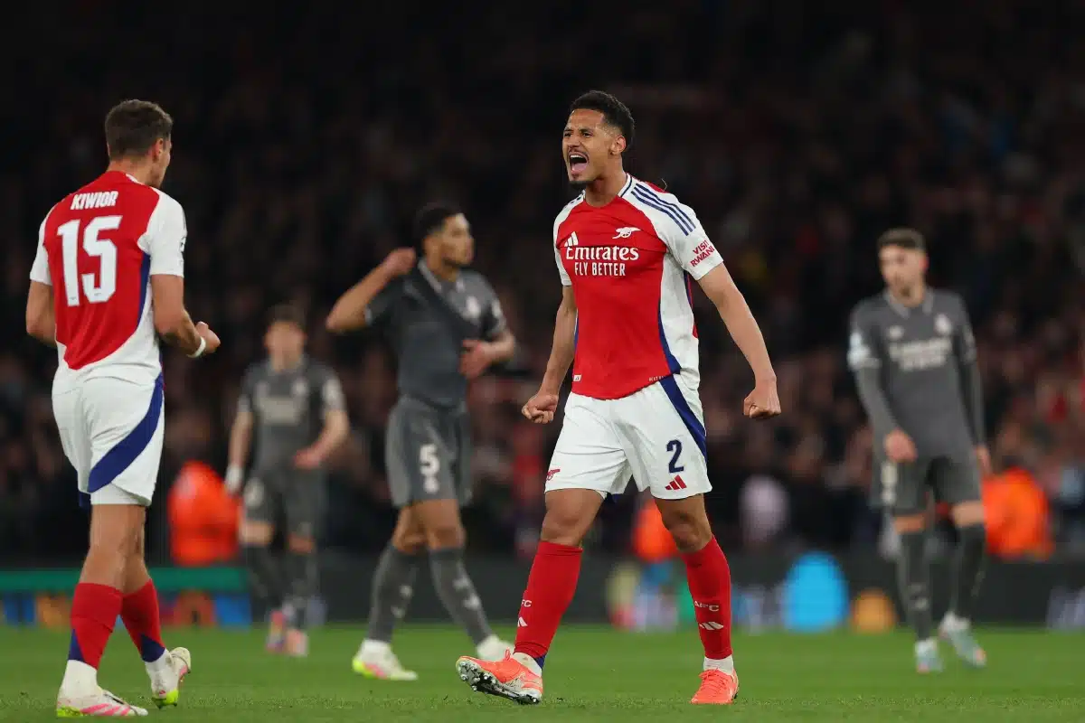 William Saliba of Arsenal celebrates, UEFA Champions League Quarter Final 1st Leg 2025