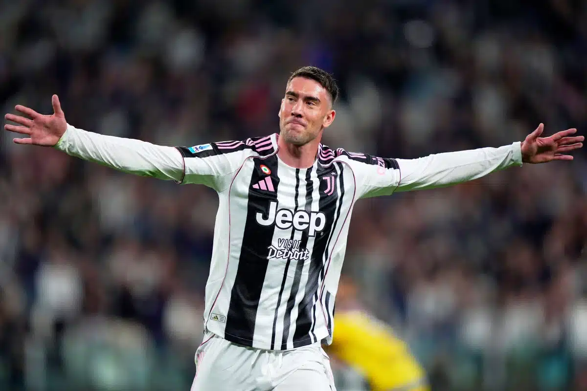 Juventus' Dusan Vlahovic celebrates after scoring 2-0, during the Italian Serie A soccer match between Juventus and Udinese