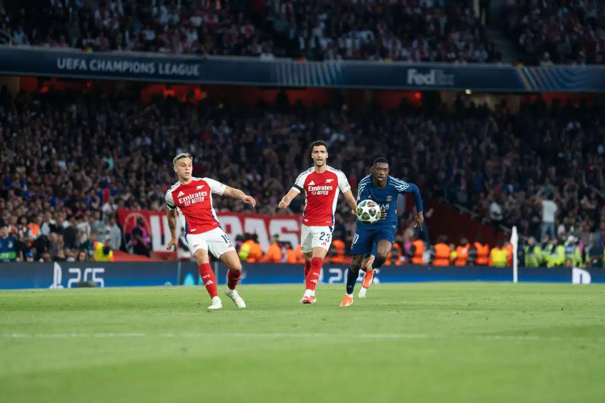 Leandro Trossard and Mikel Merino during the UEFA Champions League 2024/25 Semi Final first Leg match between Arsenal and Paris Saint-Germain