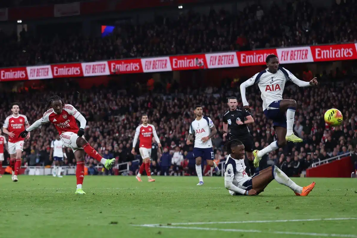 Eberechi Eze of Arsenal scores his 3rd goal during the Arsenal vs Tottenham Hotspur match, 2025
