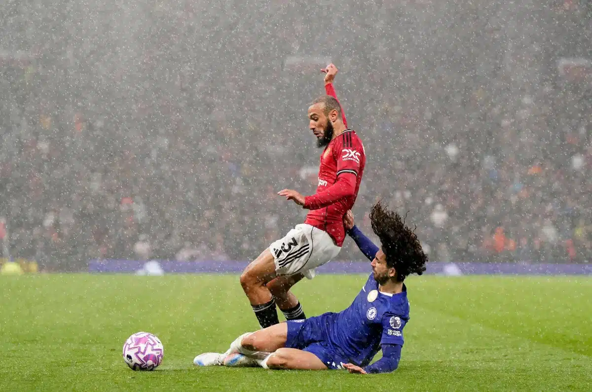 Noussair Mazraoui of Manchester United is challenged by Marc Cucurella of Chelsea during the Manchester United vs Chelsea Premier League match, 20th Sep, 2025